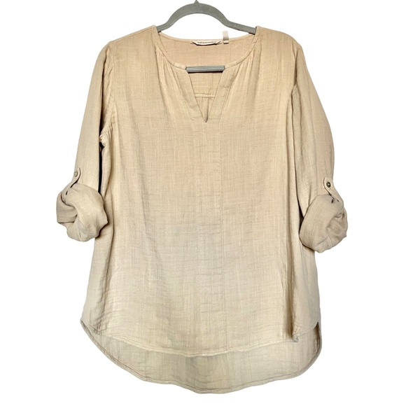 Soft Surroundings Gauze Cotton Vneck Tunic Top Roll-tab Sleeves Beige Tan Size M - Picture 2 of 6